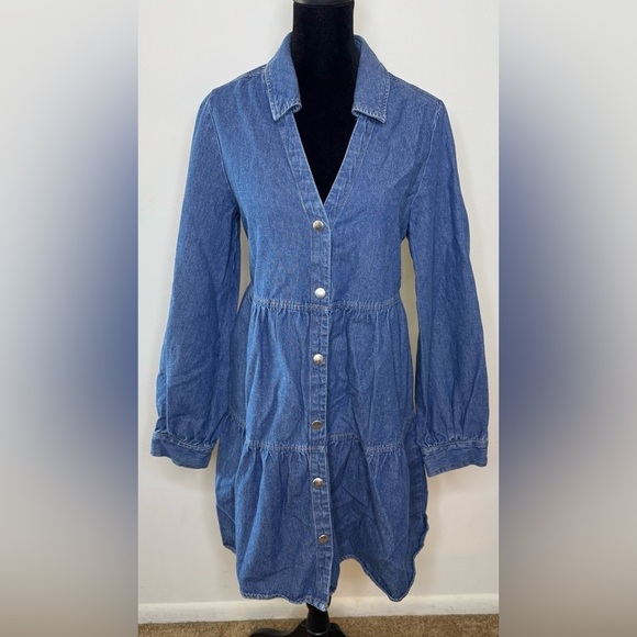 Zara Dresses & Skirts - Zara denim long sleeve V neck collar tiered button front dress small EUC